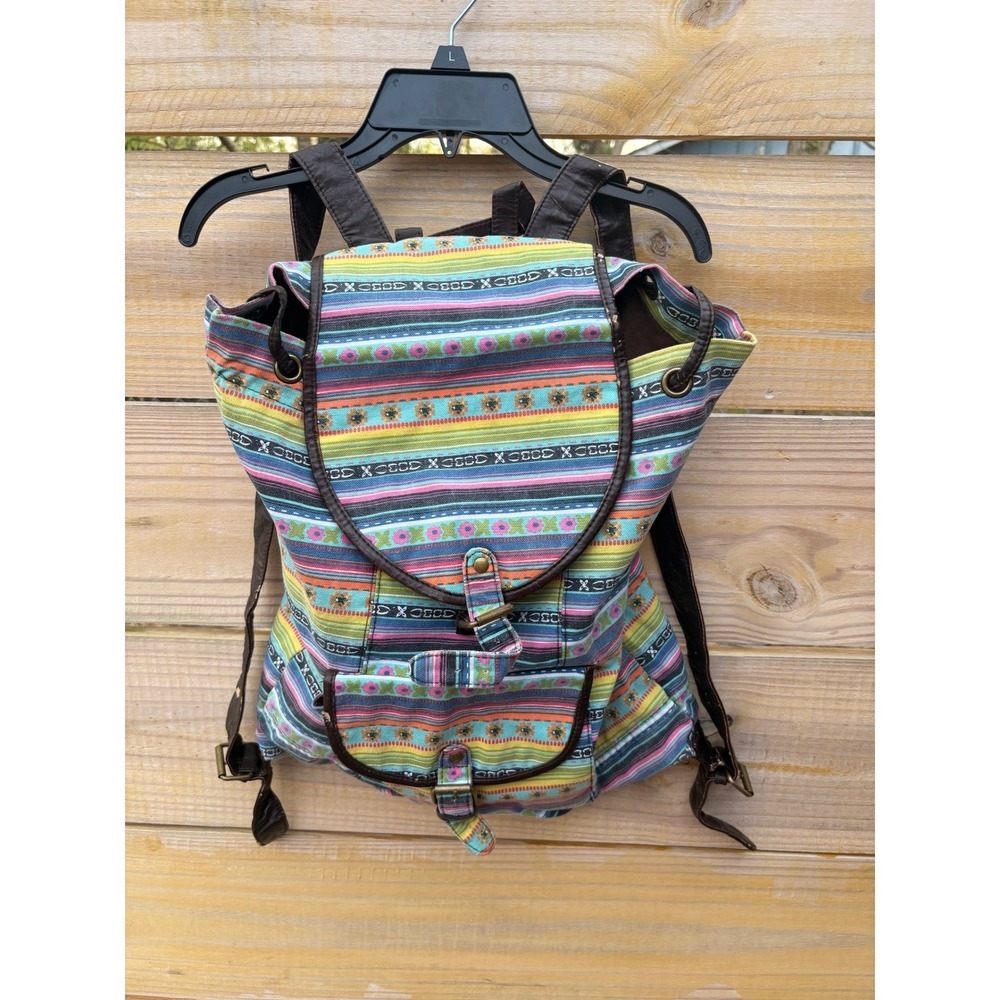 Forever 21 Boho Striped Canvas Backpack Multi Color Floral Embroidered Buckle